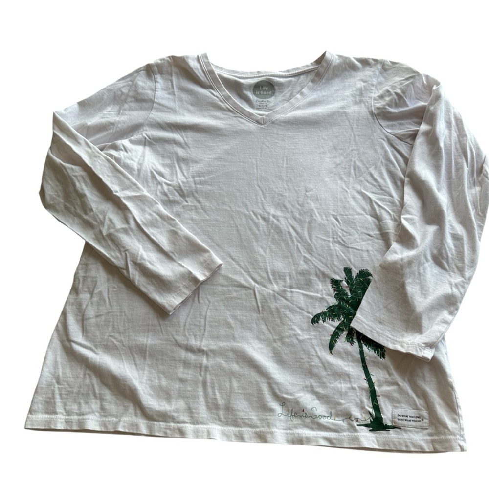 Life Is Good T Shirt Top W Large‎ Christmas Palm Tree White long sleeve